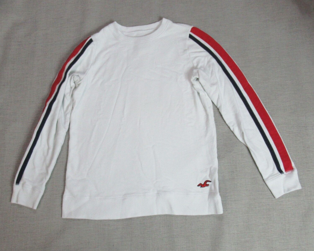 Hollister Sweatshirt Mens Sz Medium White Red Blue Logo Striped Sleeve Pullover